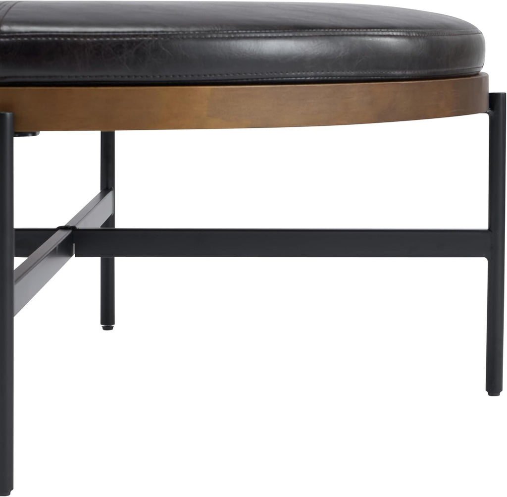 Christopher Knight Home Neapo Modern Round Ottoman Coffee Table, Faux Leather Cocktail Ottoman for Living Room Sofa, Entryway Comfortable Footstool, Durable Metal Frame Ottoman Foot Rest, Dark Brown