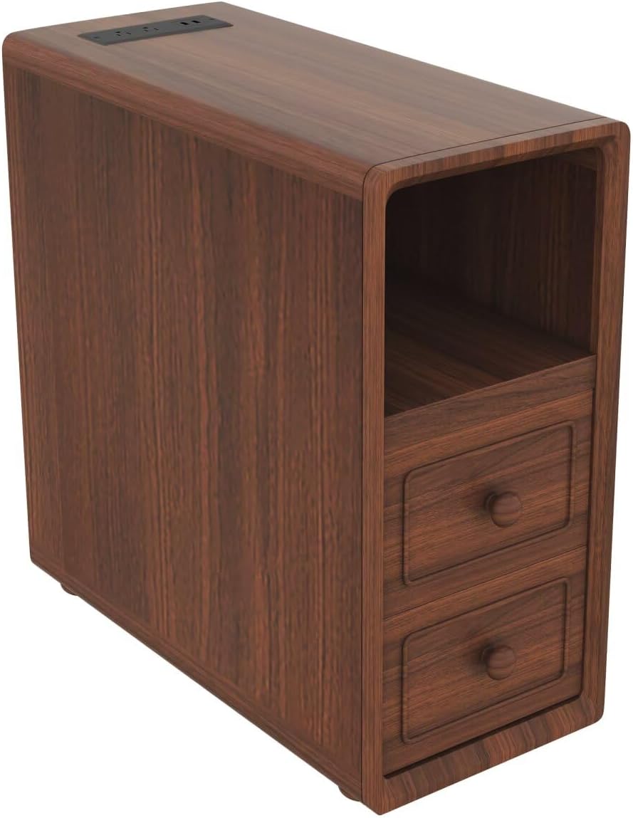 JIJIWANG Tall End Table with Drawers, 47.2' Corner Shelf Table with Open Storage, Narrow Side Table for Bedroom Living Room Small Space, Walnut
