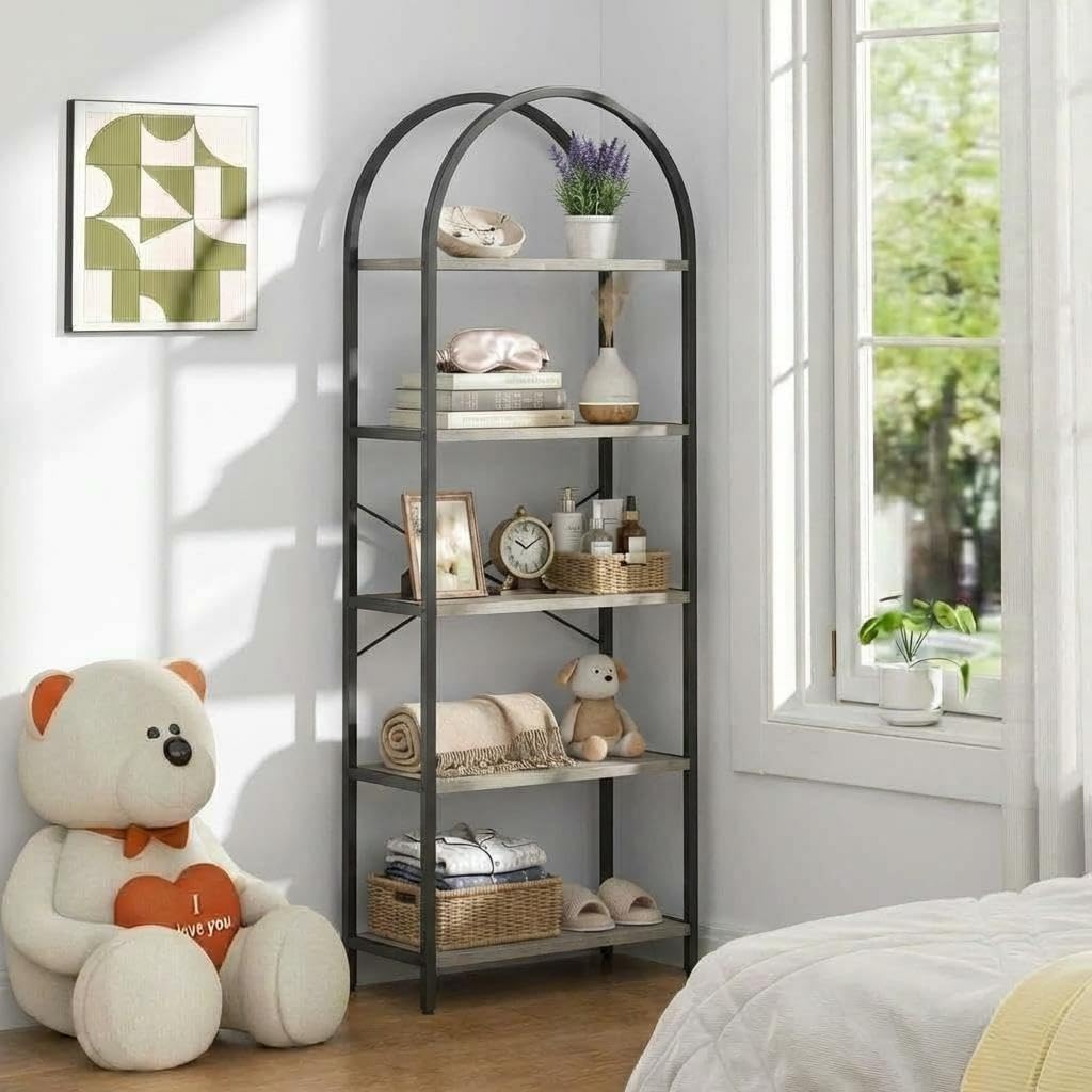 Takywep Bookshelf, Arched Bookcase with Metal Frame 5 Tiers Bookshelf Industrial Arched Cabinet Display Shelf Floorstanding Storage Shelving Unit for Bedroom, Living Room and Home Office, Gray