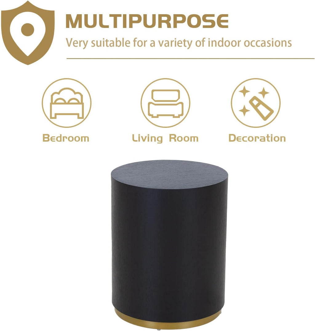 WILLIAMSPACE Black End Table with Gold Rim Bottom, Round Side Table for Small Spaces, Nightstand Sofa Table for Living Room Bedroom, ø15.6' * 19.5'H