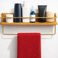 HOMORA Solid Wood Bathroom Shelf with Gold Towel Bar – Wall Mounted Toiletry Organizer, Walnut-Style Wall Shelf for Bathroom & Kitchen Storage, Wooden Shelf with Brass Rail