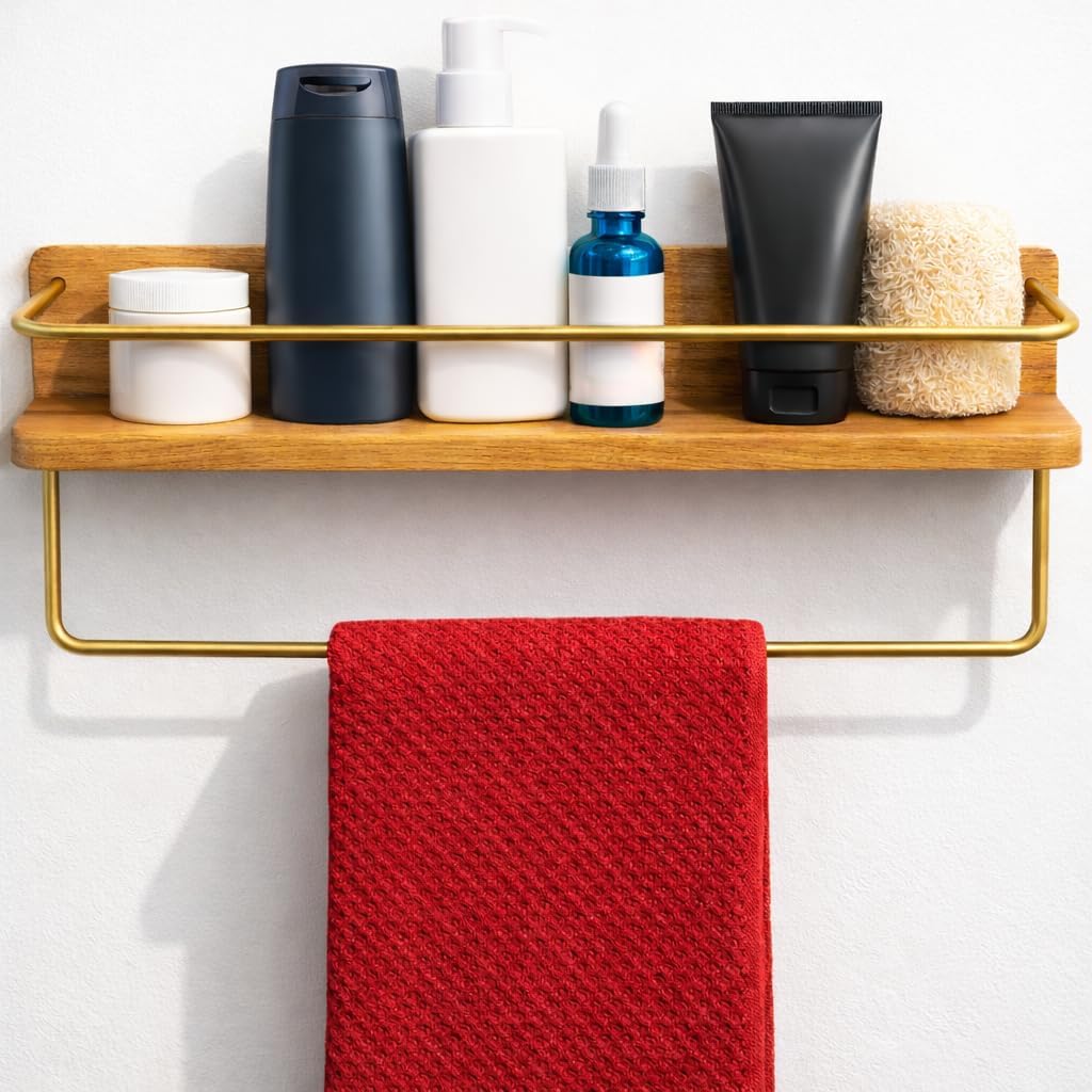 HOMORA Solid Wood Bathroom Shelf with Gold Towel Bar – Wall Mounted Toiletry Organizer, Walnut-Style Wall Shelf for Bathroom & Kitchen Storage, Wooden Shelf with Brass Rail