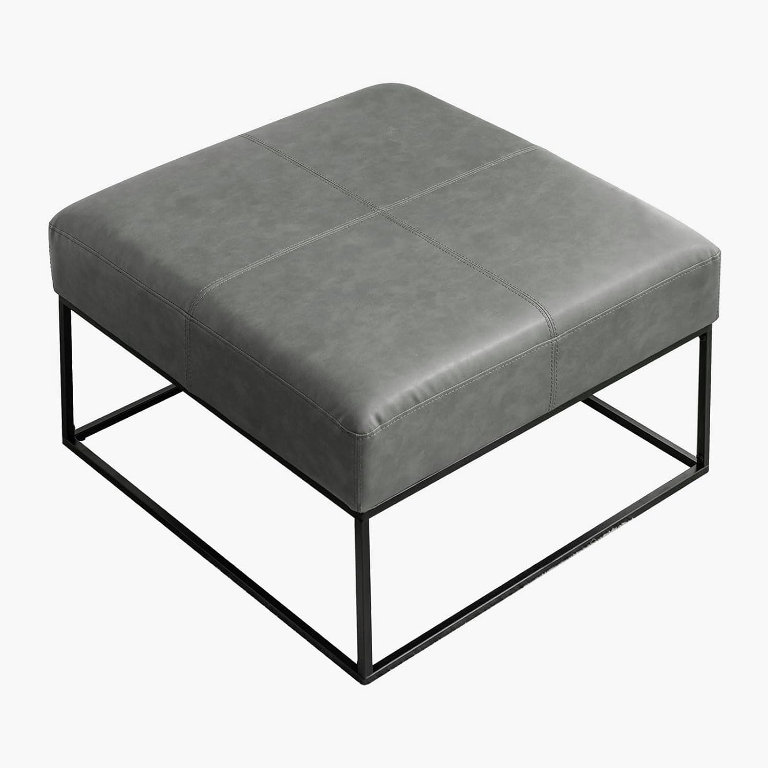 Modern Square Coffee Table, Farmhouse Ottoman for Living Room, Large Vintage Leather Coffee Tables with Leather Upholstered Padded Seat [Square, Vintage Gray, 30'']