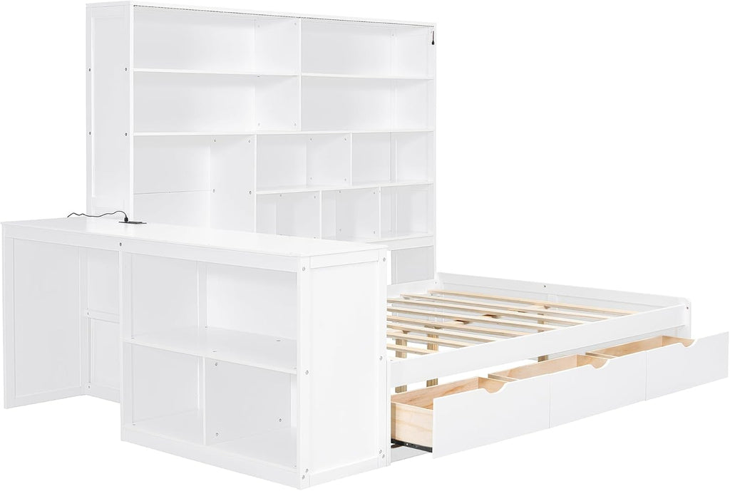SOFTSEA Full Size Corner Day Bed with Drawers, Desk & Bookcase, Wood L Shaped Daybed with LED Lights and USB Ports for Kids Teens Adults, No Box Spring Needed, White