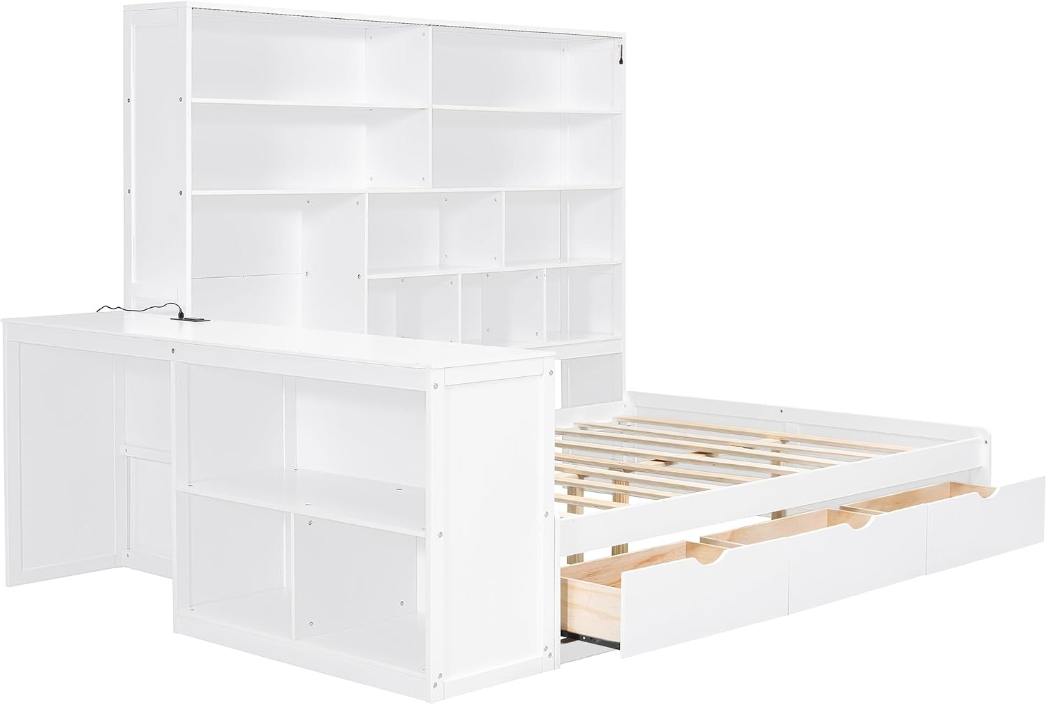 SOFTSEA Full Size Corner Day Bed with Drawers, Desk & Bookcase, Wood L Shaped Daybed with LED Lights and USB Ports for Kids Teens Adults, No Box Spring Needed, White