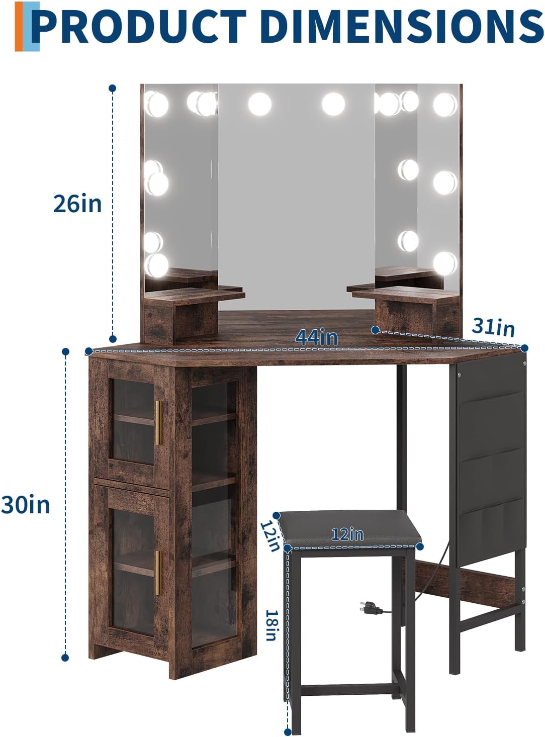 Corner Makeup Vanity Desk with Mirror Lights, Dimmable LED Vanity & USB Charging Station, Storage Cabinet & Stool, Adjustable Shelf, Bedroom Vanity for Women Girls, Wood