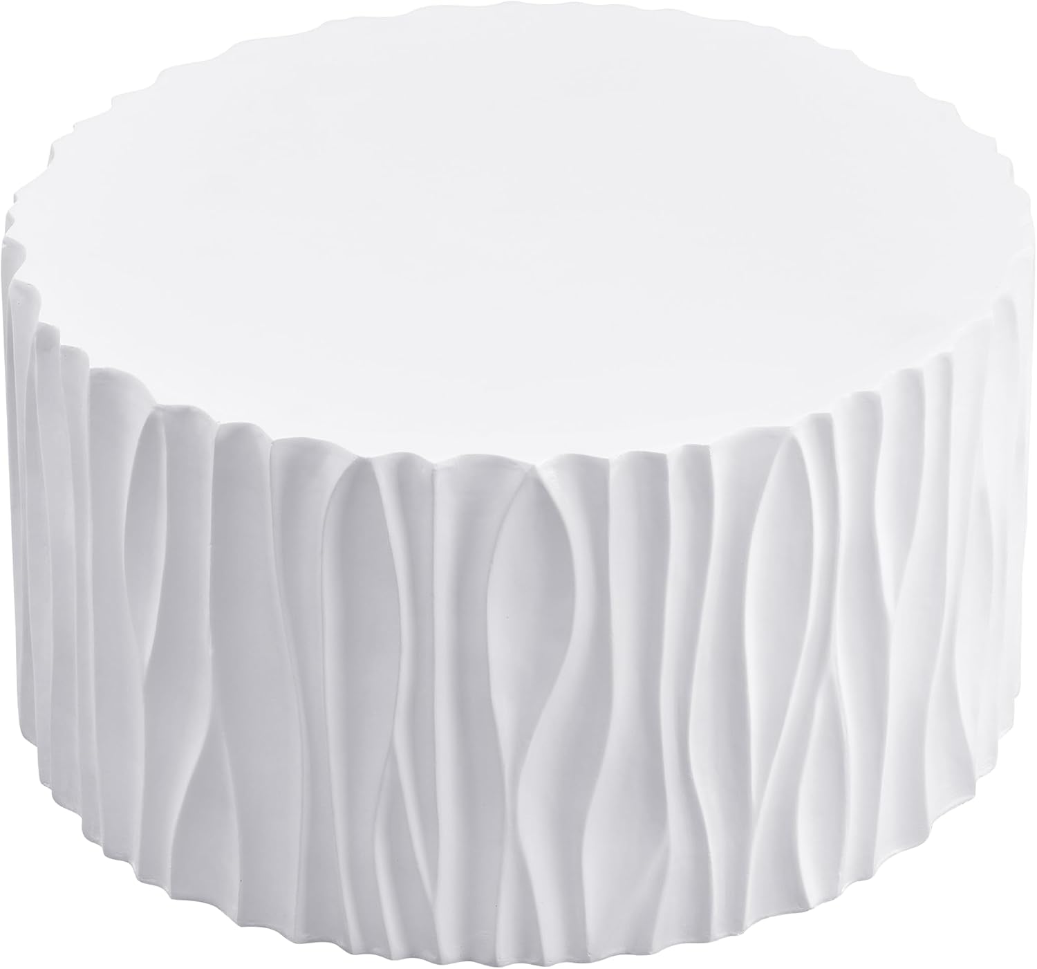 WILLIAMSPACE 26.77' Round Coffee Table with Wavy Fluted for Indoor & Outdoor, Modern Travertine Drum Center Table for Living Room, Faux Marble Stone Tea Table, Magnesium Oxide, No Assembly, White