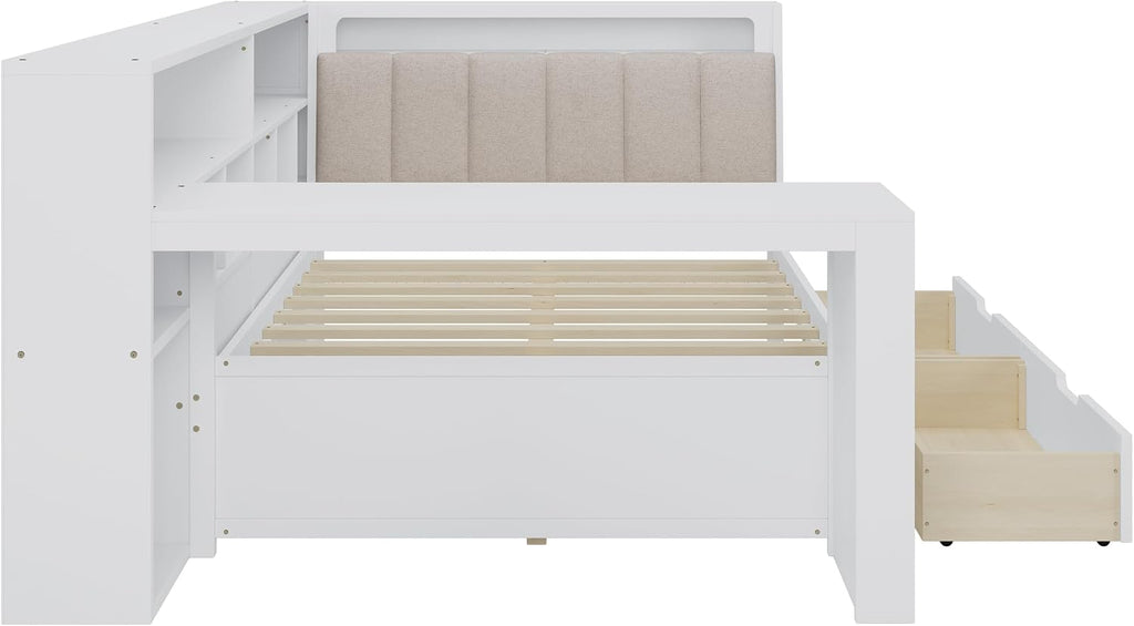 Multi-Functional Full Size Daybed with Storage Shelves and Study Desk, Wood Corner Bed Frame with Upholstered Headboard and 2 Drawers for Office Living Room Bedroom, Space-saving (White-G8, Full)