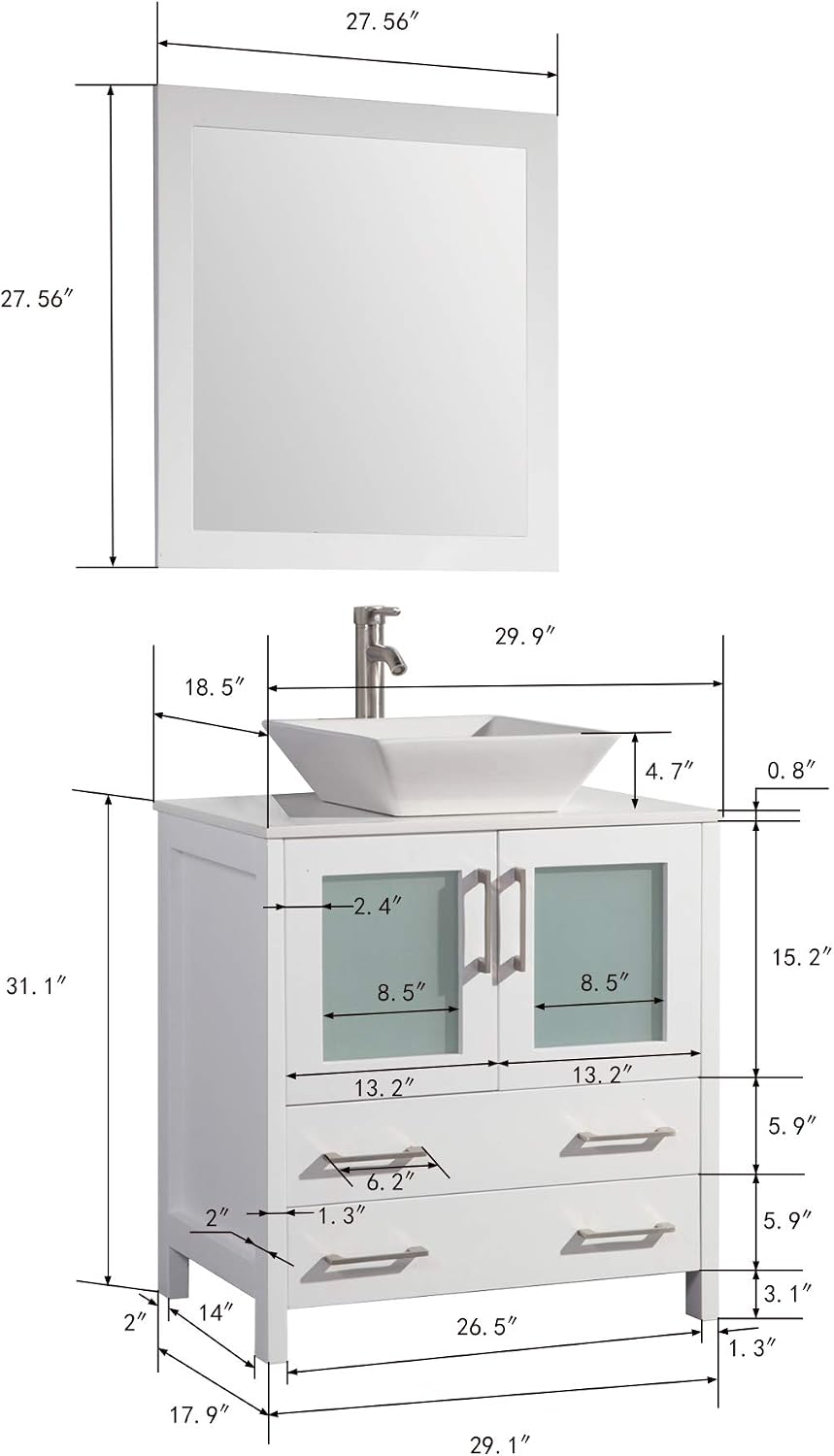 Vanity Art 30 Inch Vessel Single Sink Bathroom Vanity Cabinet with 1 Mirror, Engineered Marble Top Bathroom Cabinet Compact Set with 2 Dovetail Drawers and Soft Closing Doors, VA3130-W