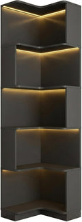 Corner Bookshelf, 5 Tier Tall Corner Bookcase with LED Lights, Freestanding L Shaped Open Display Shelf for Living Room, Bedroom, Home Office (Black)