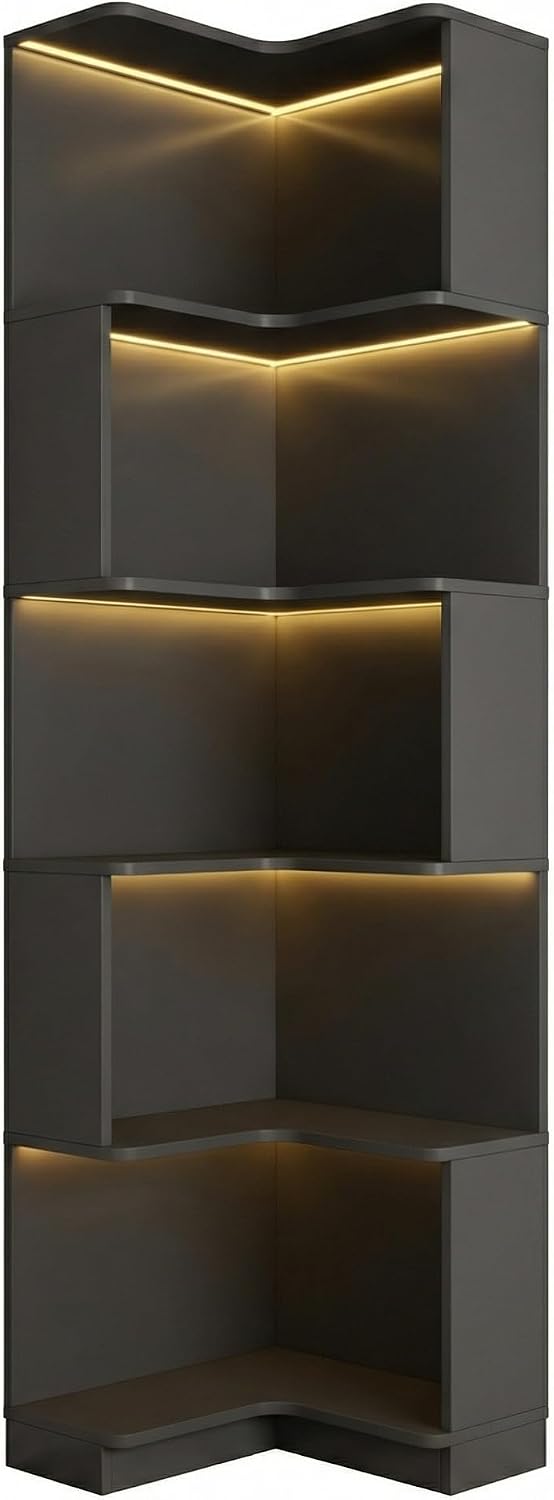 Corner Bookshelf, 5 Tier Tall Corner Bookcase with LED Lights, Freestanding L Shaped Open Display Shelf for Living Room, Bedroom, Home Office (Black)