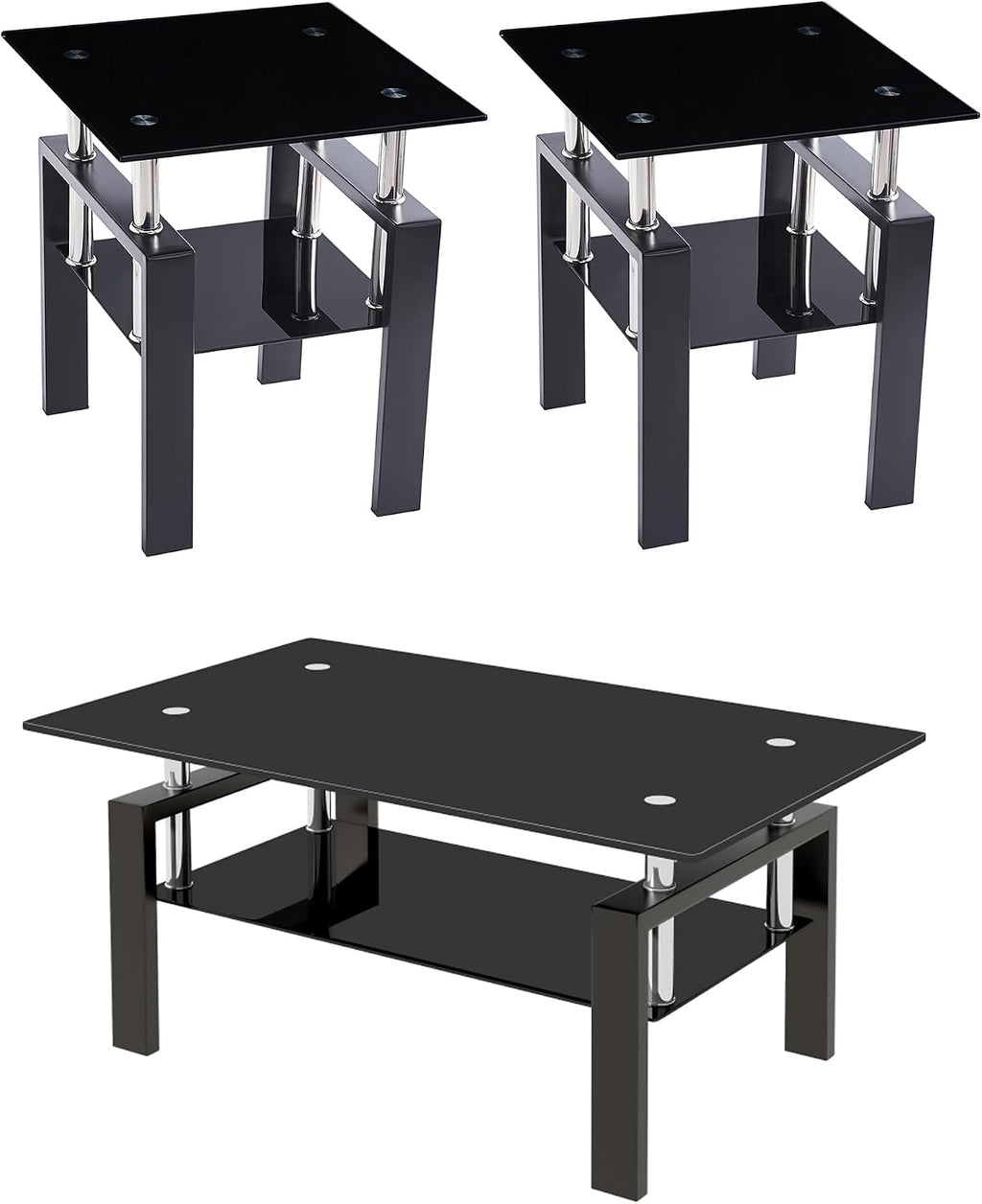 Glass Coffee Table Set of 3, Modern Black Living Room Tables, Coffee and End Tables, 3pcs Coffee Table Set for Living Room (All Black Set of 3)