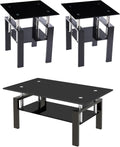 Glass Coffee Table Set of 3, Modern Black Living Room Tables, Coffee and End Tables, 3pcs Coffee Table Set for Living Room (All Black Set of 3)