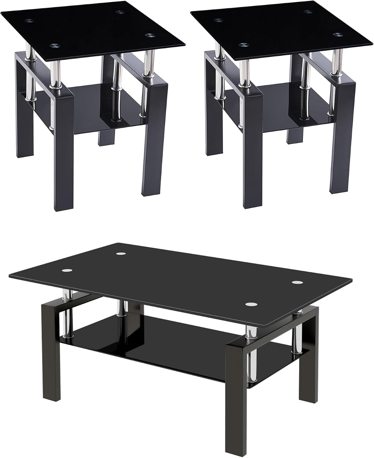 Glass Coffee Table Set of 3, Modern Black Living Room Tables, Coffee and End Tables, 3pcs Coffee Table Set for Living Room (All Black Set of 3)
