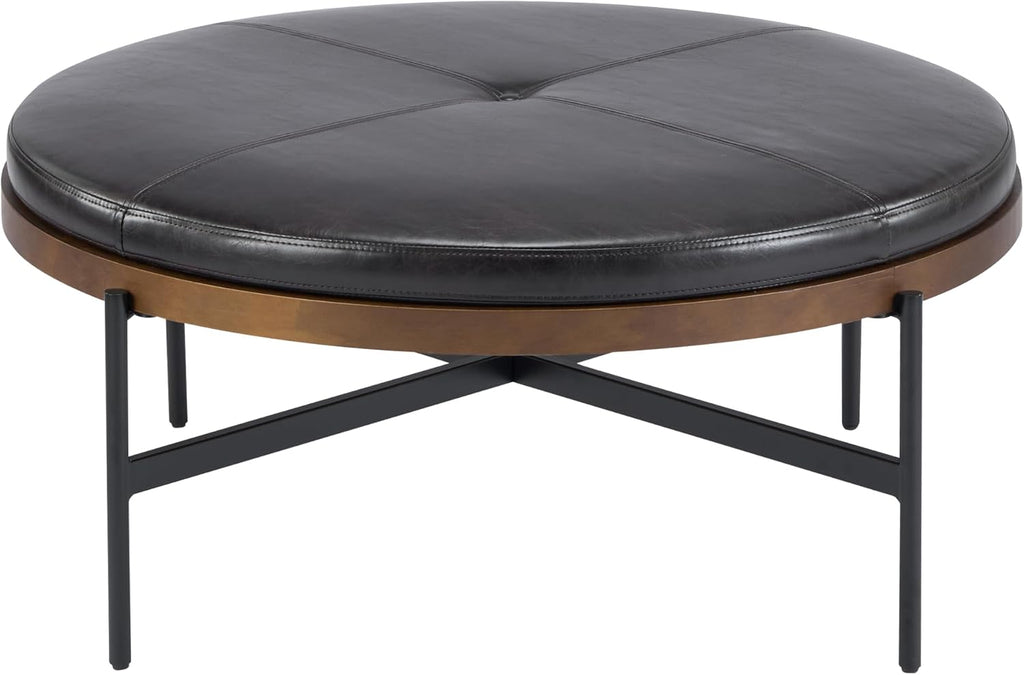Christopher Knight Home Neapo Modern Round Ottoman Coffee Table, Faux Leather Cocktail Ottoman for Living Room Sofa, Entryway Comfortable Footstool, Durable Metal Frame Ottoman Foot Rest, Dark Brown