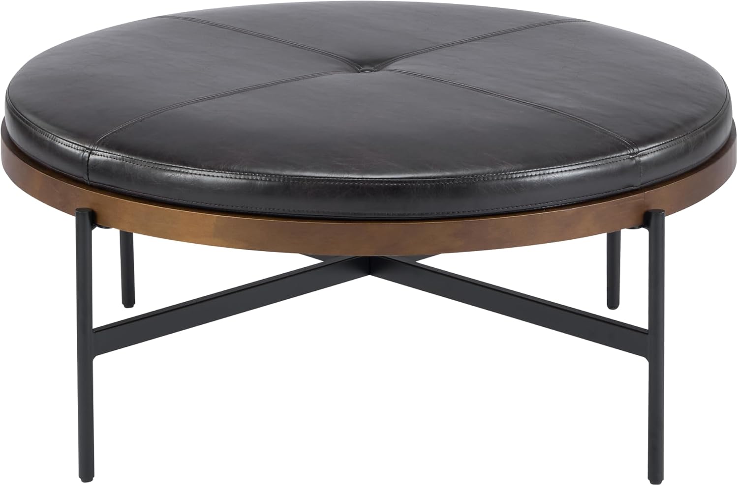 Christopher Knight Home Neapo Modern Round Ottoman Coffee Table, Faux Leather Cocktail Ottoman for Living Room Sofa, Entryway Comfortable Footstool, Durable Metal Frame Ottoman Foot Rest, Dark Brown