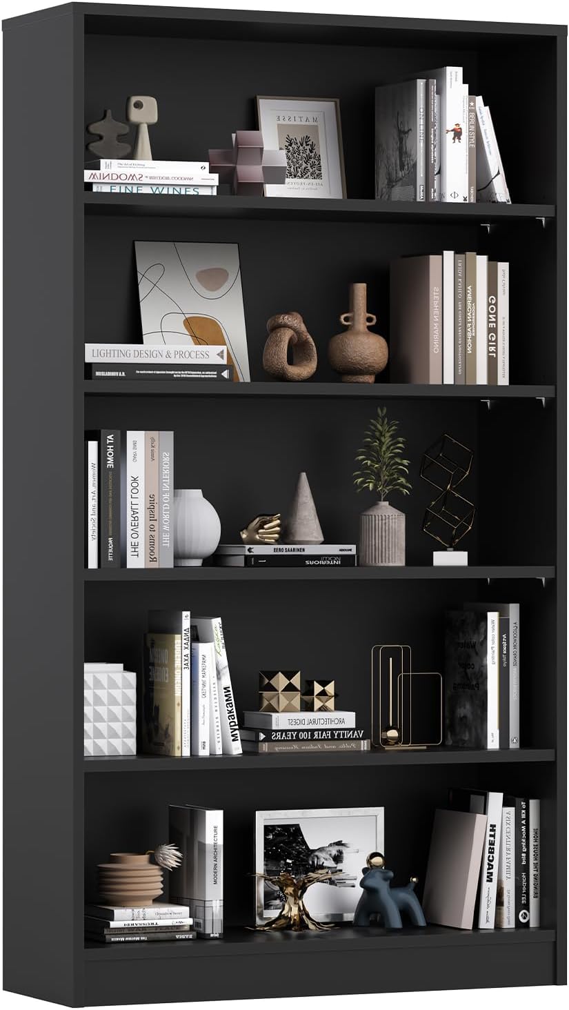 Farini 60 Inch Tall 5-Shelf Bookcase, Wood Bookshelf Storage Organizer Adjustable Shelf for Home Office, Study Room, Easy Assembly,Black