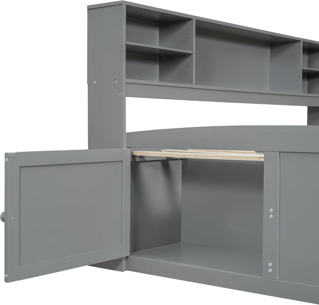 Merax Full Size Daybed with 2 Bedside Cabinets and 4 Drawers, Full Corner Bed Platform Bed with Upper Shelves for Bedroom, No Box Spring Needed, Gray