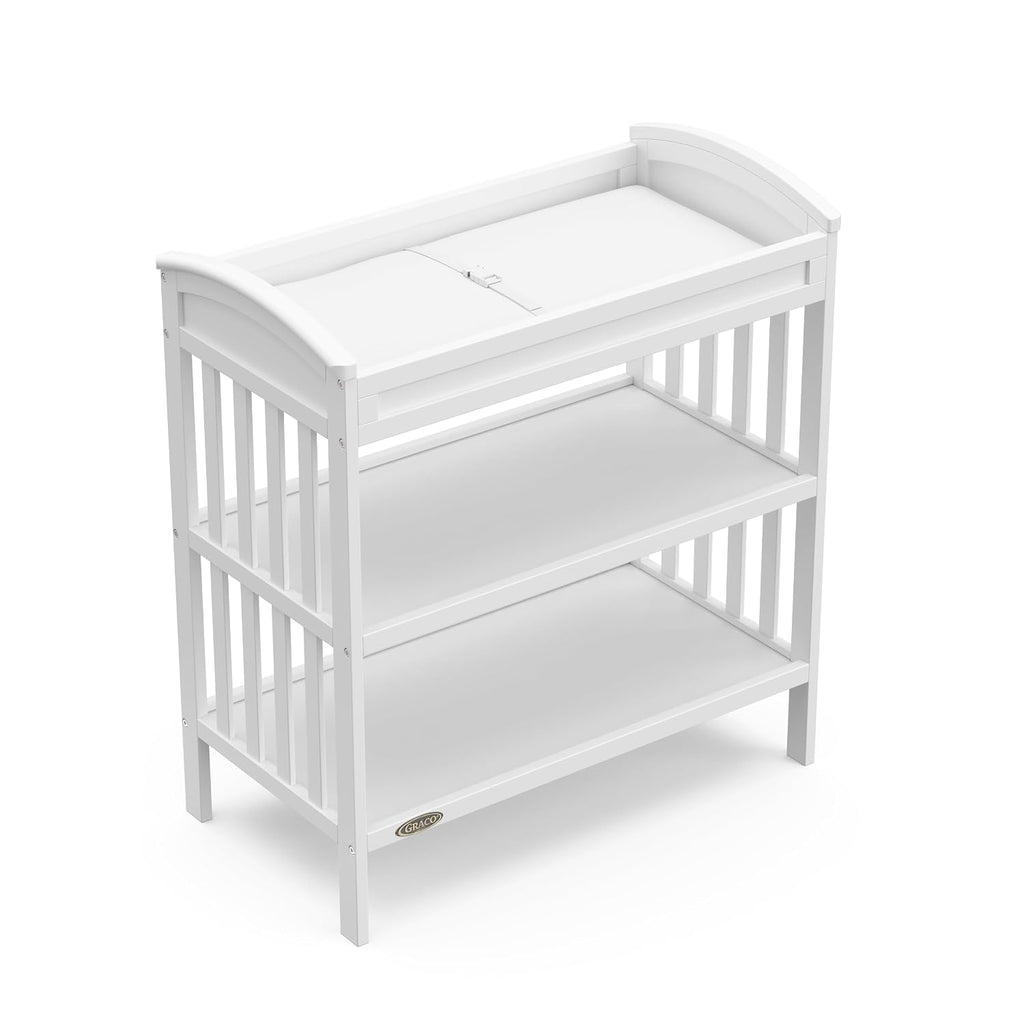 Graco Benton Changing Table with Bonus Water-Resistant Changing Pad (White) - GREENGUARD Gold Certified, Includes Diaper Change Pad with Safety Strap, 2 Open Storage Shelves for Organizing