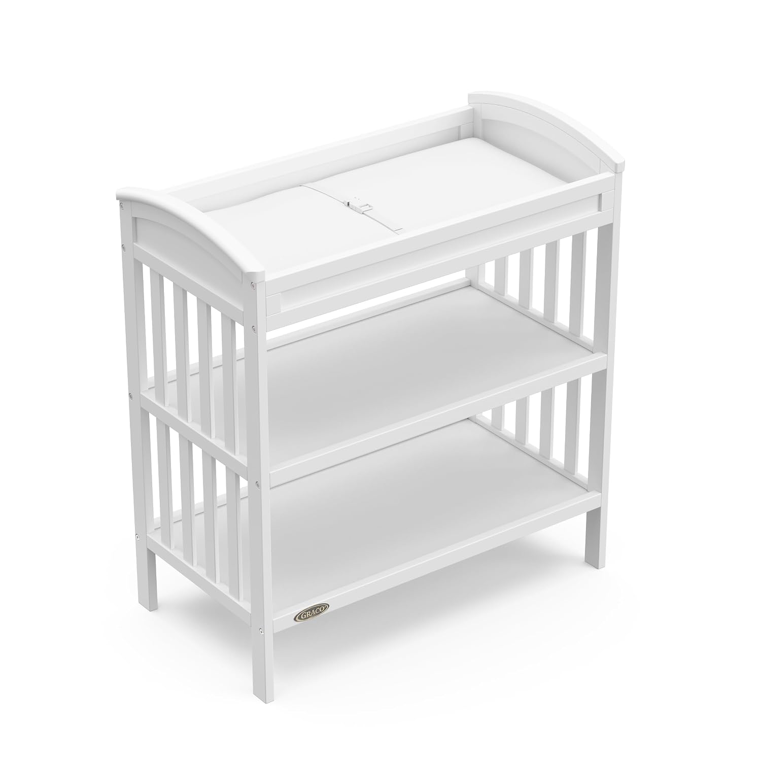 Graco Benton Changing Table with Bonus Water-Resistant Changing Pad (White) - GREENGUARD Gold Certified, Includes Diaper Change Pad with Safety Strap, 2 Open Storage Shelves for Organizing
