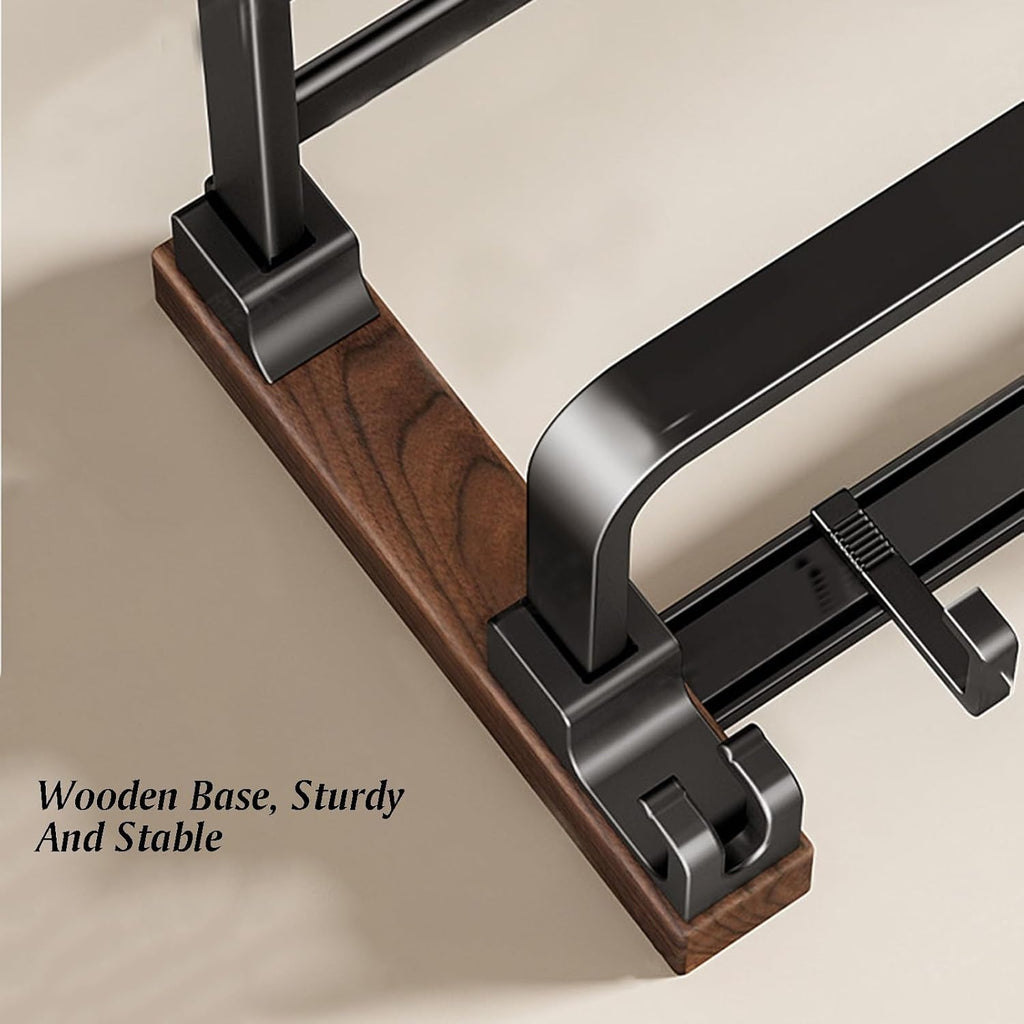 Towel Rack,Space Aluminum+Solid Wood Double Layer Bar Wall Mounted,with Double Foldable Shelf,Mesh Basket and Hooks,for Bedroom Bathroom Kitchen(20.3x25.4x50cm)