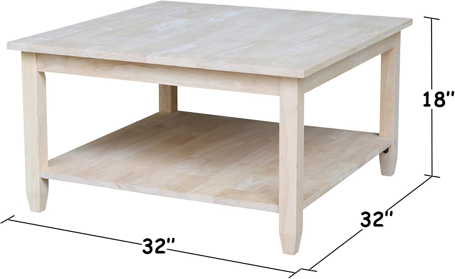 IC International Concepts, Solano Square Coffee Table, Solid Real Wood, Sturdy Parawood, Living Room/Family Room/Entryway, 32'W x 32'D x 18'H with Shelf, Paint/Stain Ready, Unfinished