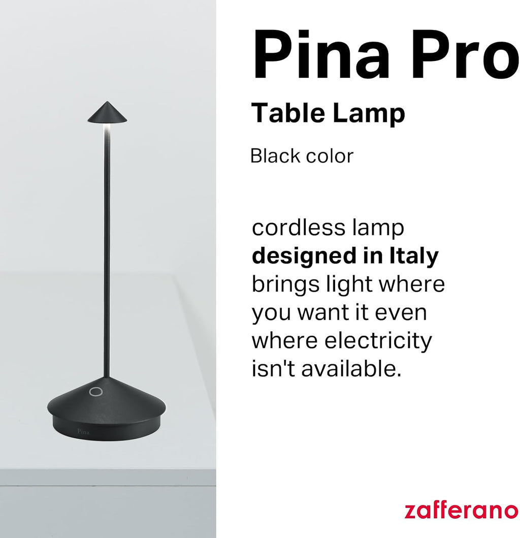 Zafferano, Pina Pro Lamp, Rechargeable Cordless Table Lamp with Touch Controls, Suitable for Indoor and Outdoor, Dimmer, 2200-3000 K, Height 11.4 Inches, Black Color