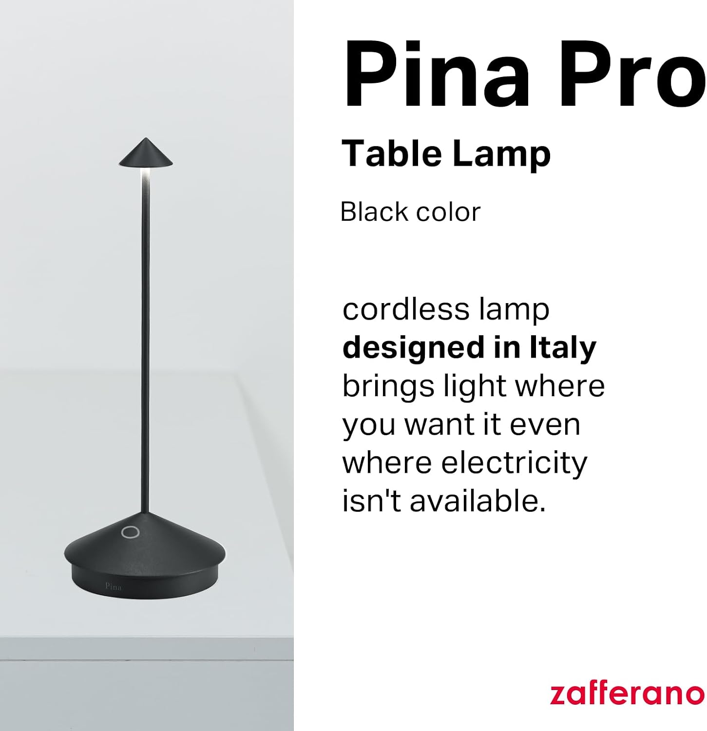 Zafferano, Pina Pro Lamp, Rechargeable Cordless Table Lamp with Touch Controls, Suitable for Indoor and Outdoor, Dimmer, 2200-3000 K, Height 11.4 Inches, Black Color