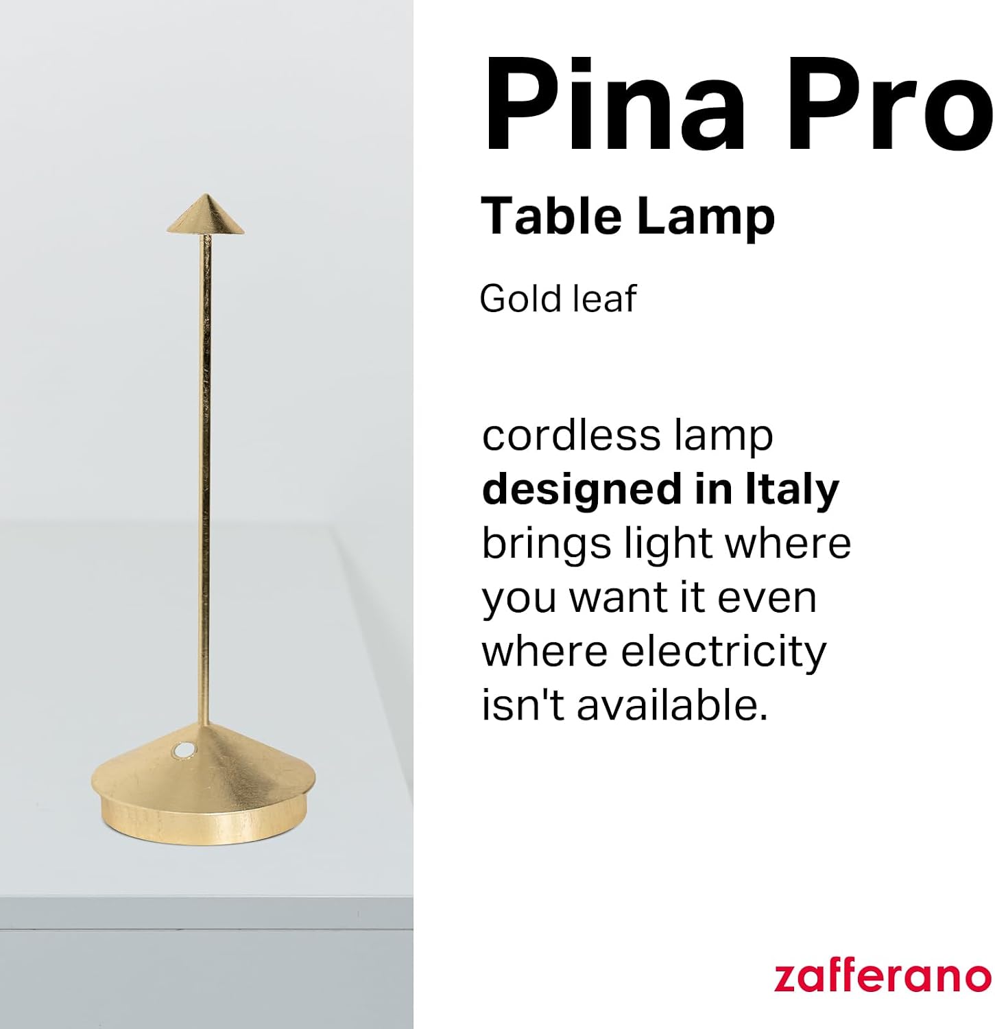 Zafferano, Pina Pro Lamp with Gold Leaf, Rechargeable Cordless Table Lamp with Touch Controls, Usable as an Indoor Lamp, Dimmer, 2200-3000 K, Height 11.4 Inches