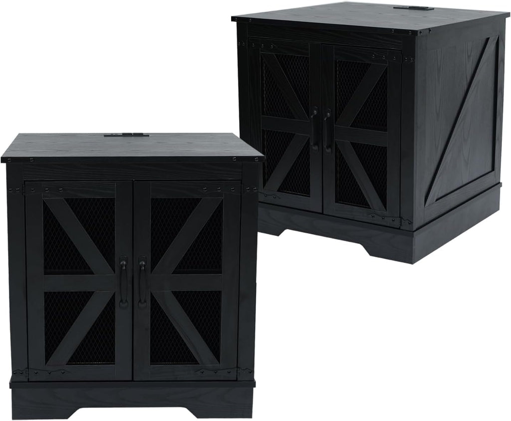 Black Farmhouse End Table Set of 2, 21' Wood Sofa Side Table with Charging Station, Rustic Nightstand with Mesh Barn Door for Living Room, Square