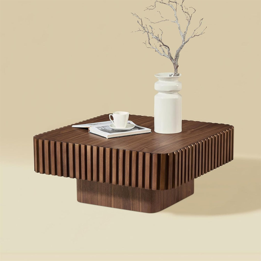 LKTART Square Coffee Table for Living Room, Accent Fluted Coffee Table with Storage, Modern Solid Wood Veneered Large Center Tea Table for Small Space Apartment (35.4''D×16''H-Walnut)