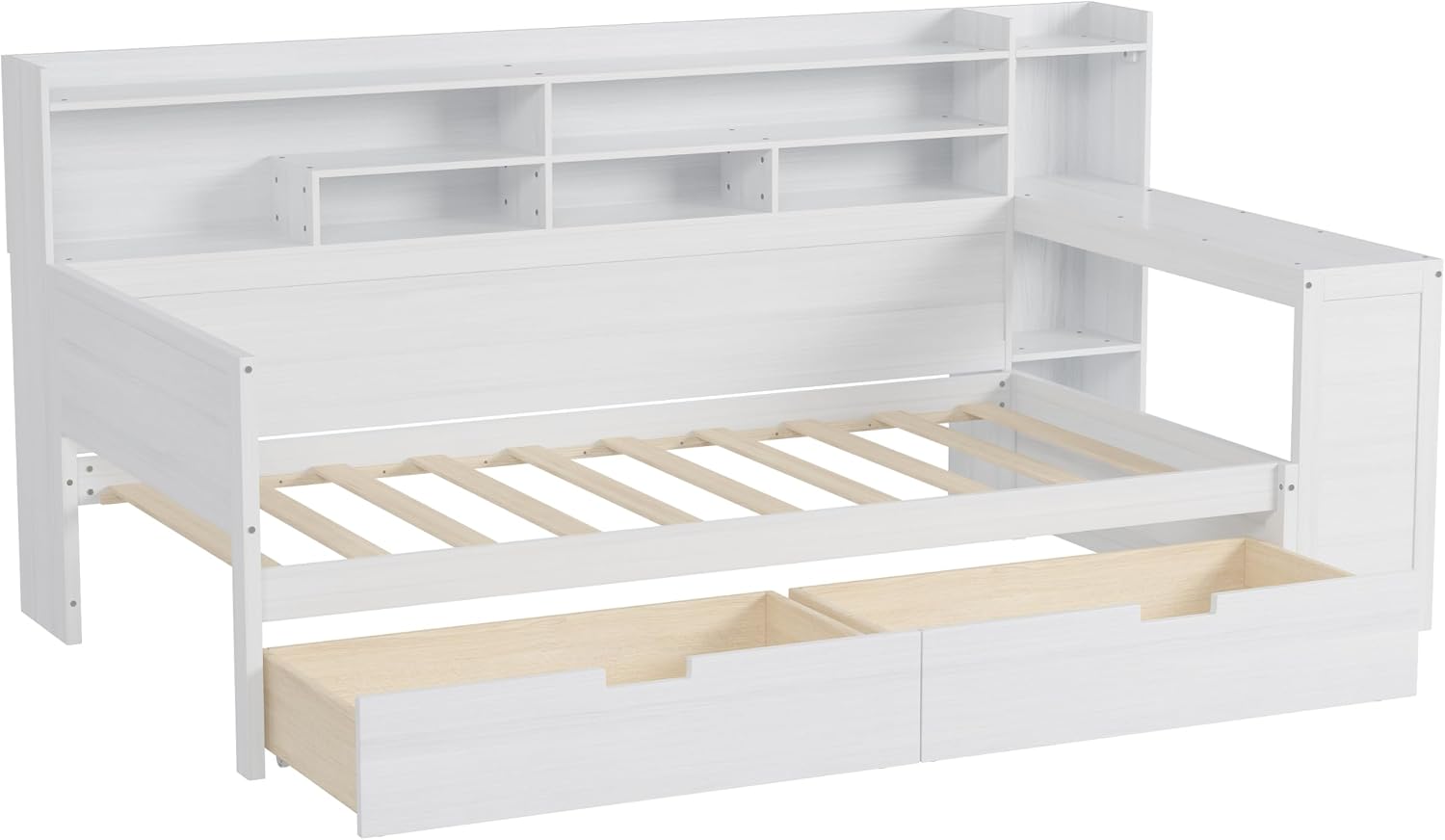 Bellemave Twin Size Corner Bed Frame with Storage Shelves and Desk, Wood Twin Daybed with Bookcase and Drawers，Twin Daybed with Storage, Antique White