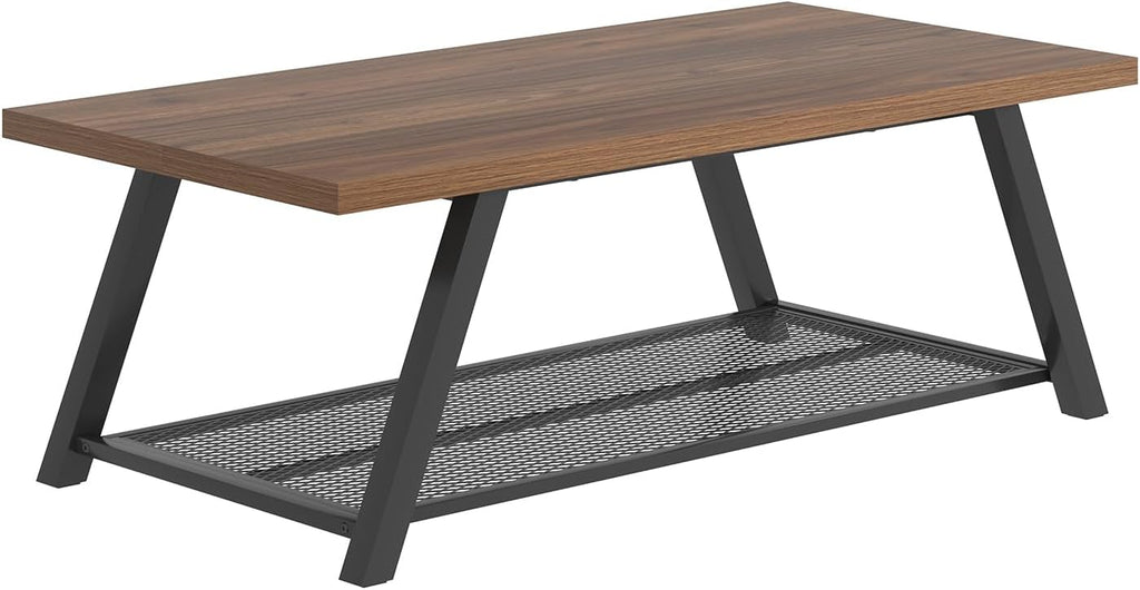 FOLUBAN Modern Coffee Tables for Lliving Room, Retro Wood and Metal Coffee Table with Storage, 2-Tier Industrial Rectangle Cocktail Tea Table, Walnut, 47 Inch