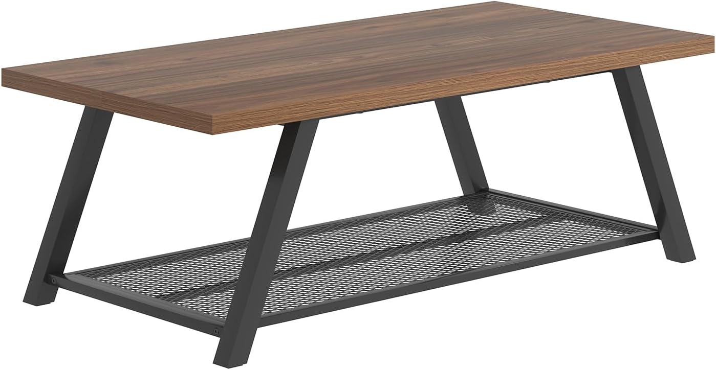 FOLUBAN Modern Coffee Tables for Lliving Room, Retro Wood and Metal Coffee Table with Storage, 2-Tier Industrial Rectangle Cocktail Tea Table, Walnut, 47 Inch