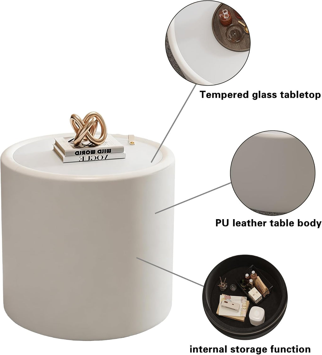 Round Coffee Table Set with Hidden Storage, 27.56' Black Drum Center Table and 19.69' White Coffee Table Set, 2 Pieces Living Room Table Set with Tempered Glass Top and PU Leather Body