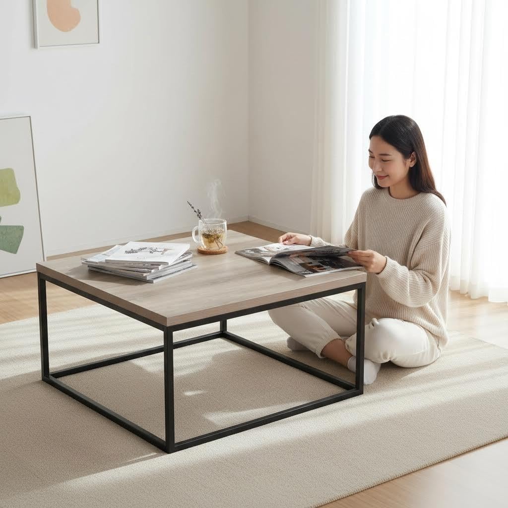 CENSI 30' Square Coffee Table, Grey Wash French Oak Wood Center Table for Living Room, Modern Industrial Metal Frame, Extra Thick 1.2' Top, Rustic Farmhouse Cocktail Table, Easy Assembly