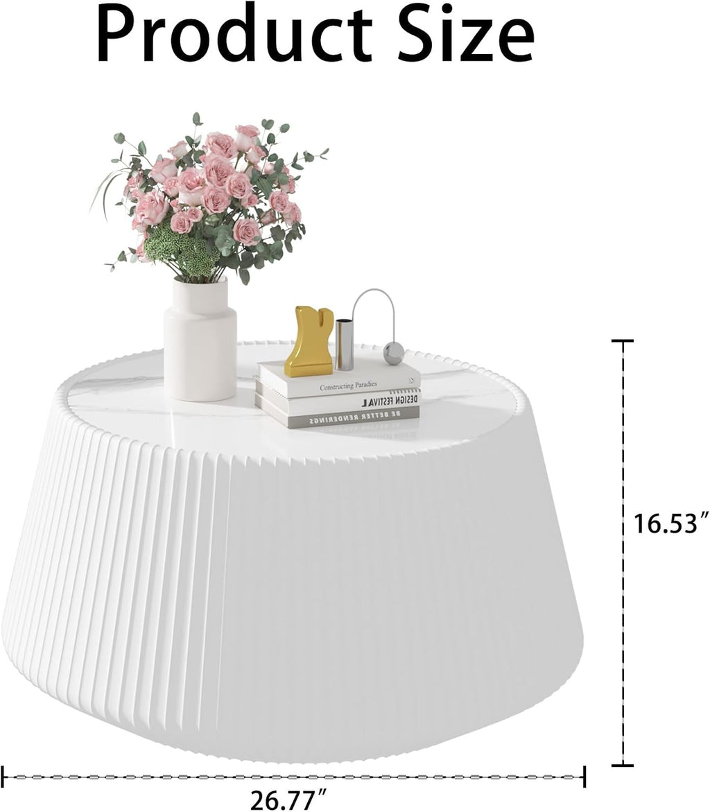 Round Coffee Table Set with Sintered Stone Tabletop, 26.77' White Drum Center Table and 19.68' White Coffee Table Set, 2 Pieces Living Room Table Set with Fluted PU Leather Cover& Stable Base