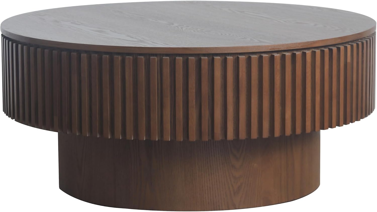 31.5'' Round Coffee Table with Storage Space, Modern Wood Circle Fluted Drum Pedestal Coffee Table for Living Room, Easy Assembly, Walnut (ø31.49'' x 14'')