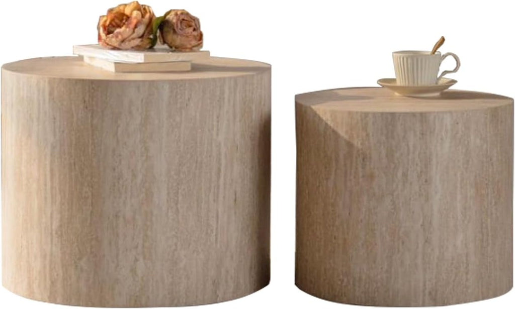 Nesting Coffee Table Set of 2, Modern Round Coffee Table with Non-Slip Feet, Oak Wooden Circle Accent Tables for Small Spaces Living Room Bedroom Balcony Office Drum Side Table (Amber)
