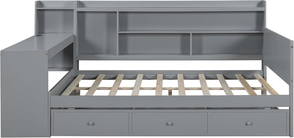 Harper & Bright Designs Full Size Daybed Frame with Desk and 3 Storage Drawers & USB Port Shelves Headboard, Pinewood Corner Bed, Full Captain Bed for Small Room, Bedroom, Guest Room,Gray