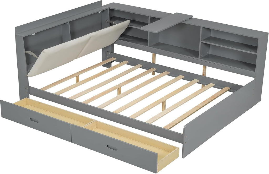 Full Daybed with Storage Headboard, Corner Platform Bed with Shelves, Storage Board and 2 Drawers, Solid Wooden Slats Support, Gray
