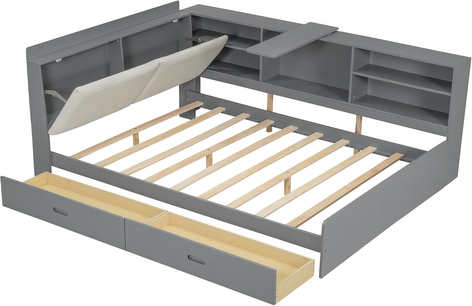 Full Daybed with Storage Headboard, Corner Platform Bed with Shelves, Storage Board and 2 Drawers, Solid Wooden Slats Support, Gray