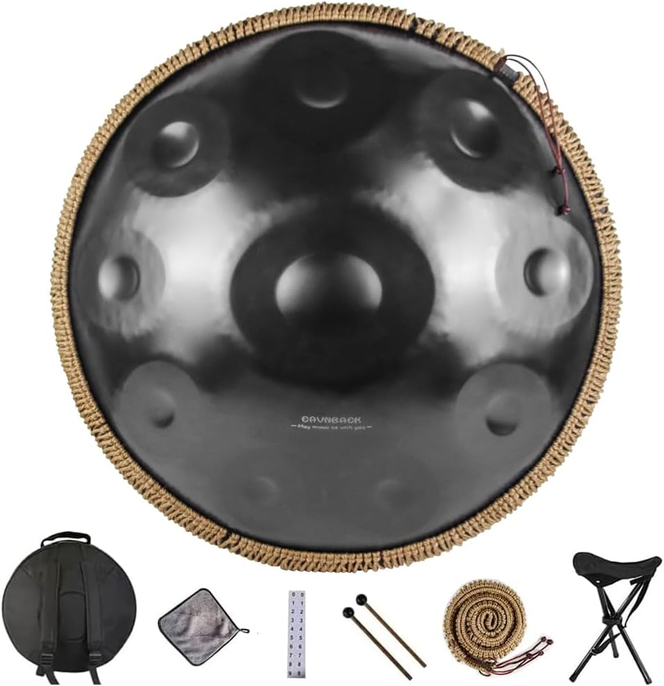 Eavnbaek Advanced Adult Handpan - 22-Inch 10-Note 440Hz D Minor Kurd Steel Drum with Soft Bag, Mallets, Stand and Dust-Free Cloth (Black)