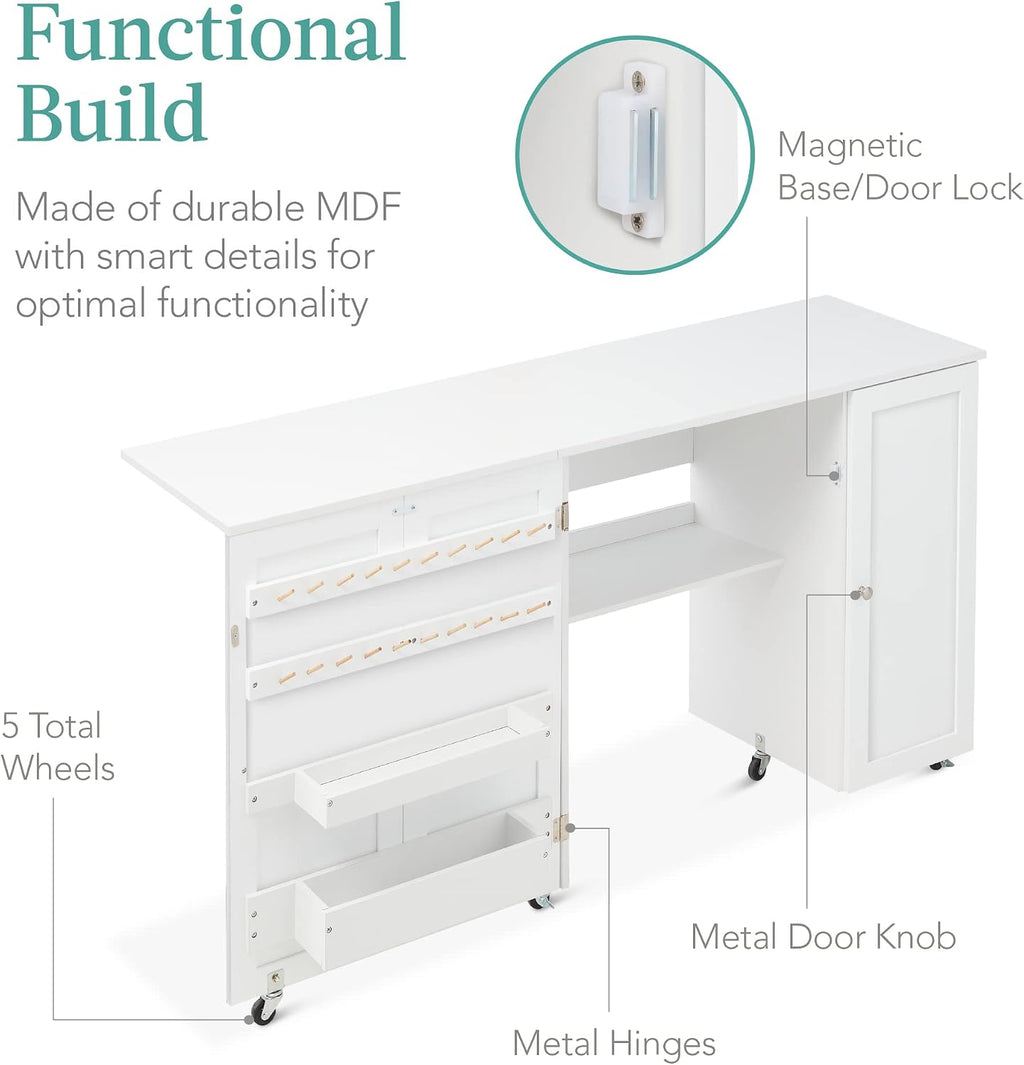 Best Choice Products Large Folding Sewing Table, Multipurpose Portable Craft Station & Side Desk w/Compact Design, Caster Wheels, Storage Shelves, 2 Storage Trays, Magnetic Doors - White