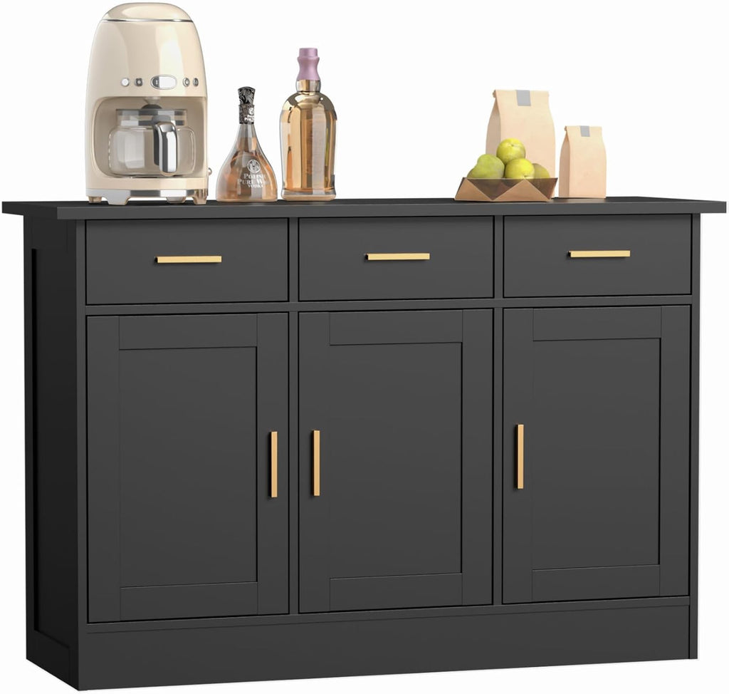 Buffet Cabinet with Storage - Buffets & Sideboards Kitchen Storage Cabinet, Wood Console Table Coffee Bar Accent Cabinets for Living Room Dining Room Entryway Large 3 Doors & Drawers, Black 47.2'W