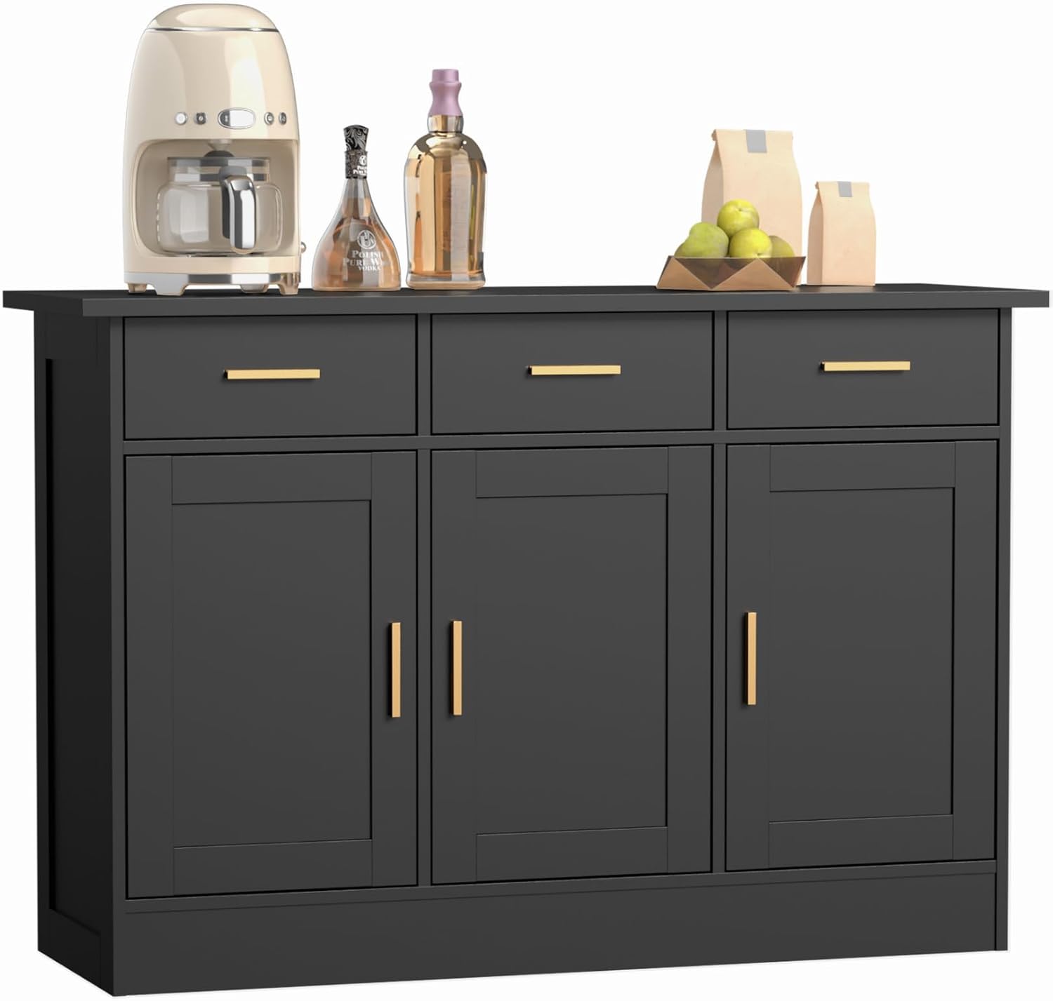 Buffet Cabinet with Storage - Buffets & Sideboards Kitchen Storage Cabinet, Wood Console Table Coffee Bar Accent Cabinets for Living Room Dining Room Entryway Large 3 Doors & Drawers, Black 47.2'W