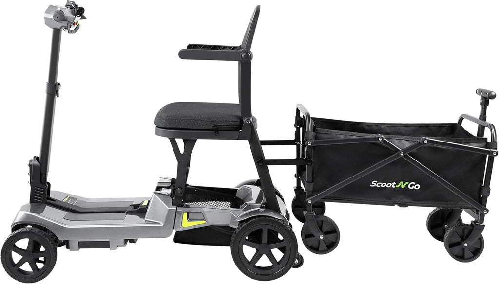 SCOOTNGO Mobility Scooters for Seniors, 4 Wheel Foldable Lightweight Airline Approved Mobility Scooter for Adults, Dual Batteries, Portable, No Assembly Needed (Silver Grey, with Folding Trailer)