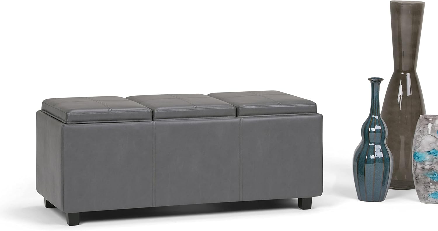 SIMPLIHOME Avalon Storage Ottoman - 42 inch Wide Upholstered Vegan Leather Rectangular Flip-Top Ottoman in Stone Grey, Contemporary Coffee Table Ottoman for Living Room with Hidden Storage
