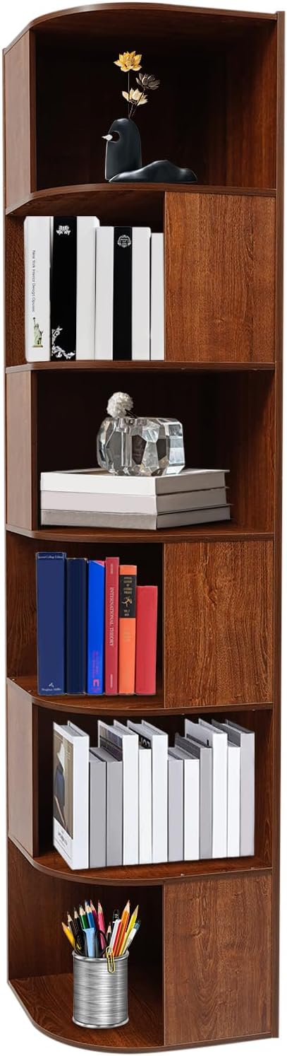 6 Tier Bookshelf Tower, 69.29'' Tall Floor-Standing Bookcase Display Cabinet, Wood Corner Book Shelf Organizer, Standing Bookshelf for Bedroom, Living Room, Study Room (Brown)