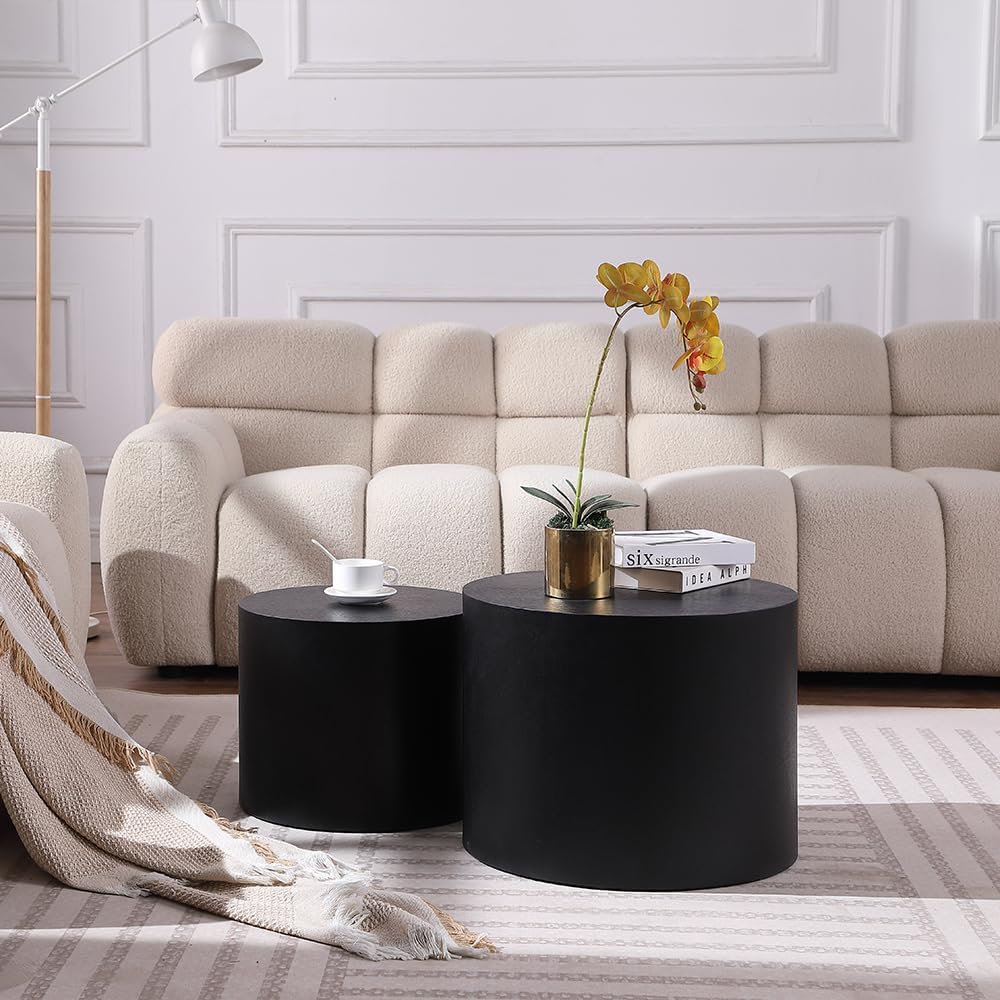 WILLIAMSPACE 18.9' Black Nesting Coffee Table Set of 2, Modern Round Coffee Tables Circle Side Table for Small Space, Accent End Table Set, No Assembling, Matte Black